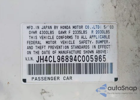2004 Acura Tsx z USA, uszkodzony, nr VIN JH4CL96894C005965